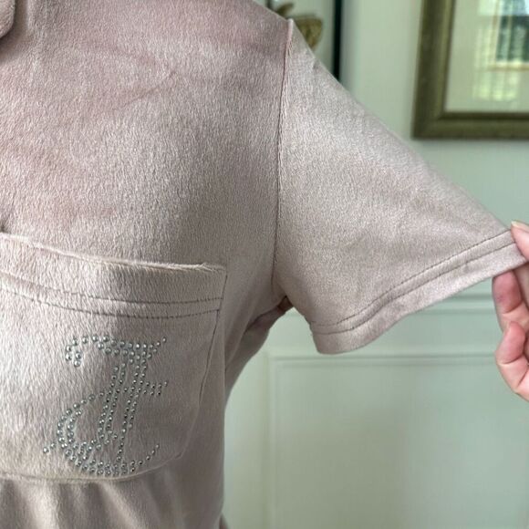 Juicy Couture Silky Soft Pink Velour Silver Bling Stud Cropped Button Up M - Picture 7 of 13